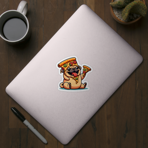 Cute Funny Pug Dog Eating Pizza by logiamerch